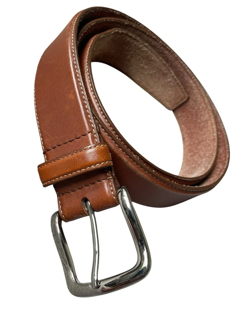 Cole Haan Men's Sz 33 - 36 Lewis Burnished Brown Leather Belt Brass Buckle USA